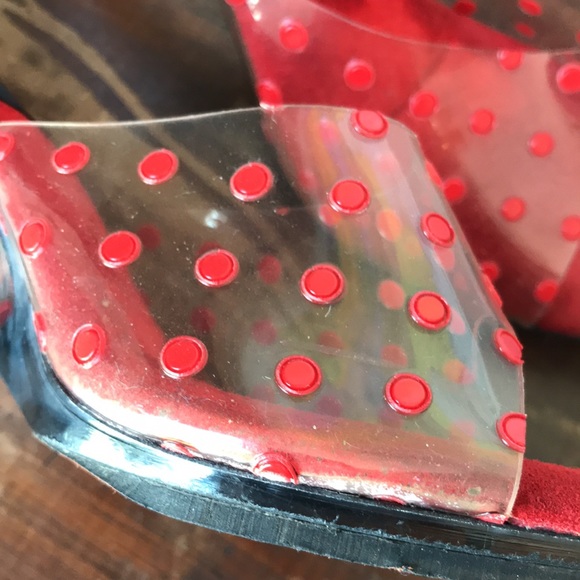 Vintage clear heel Red polka dot slide sandals - Picture 8 of 9